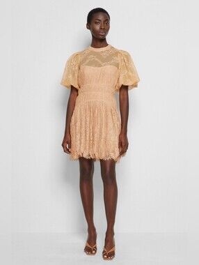 JONATHAN SIMKHAI Bristol Lace Plissé Mini Dress In Butterscotch US 0 Org $575